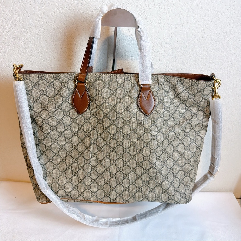 Gucci Beige GG Monogram Tote with Brown Leather Accents